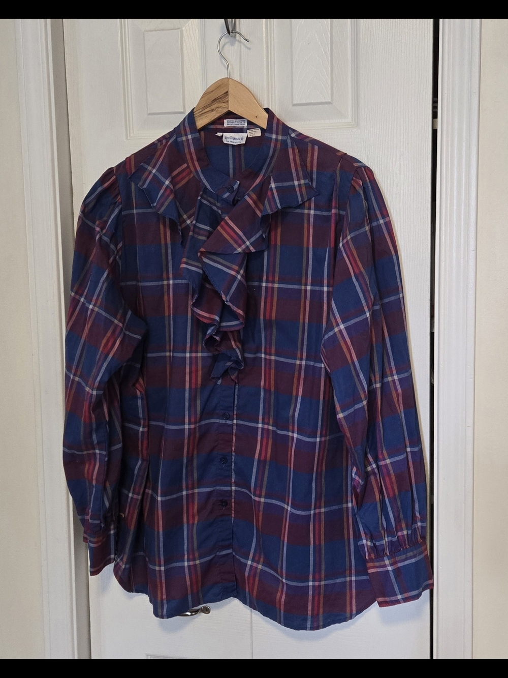 80s Levi Strauss Plaid Ruffle-Front Button-Up Shirt - Navy & Burgundy